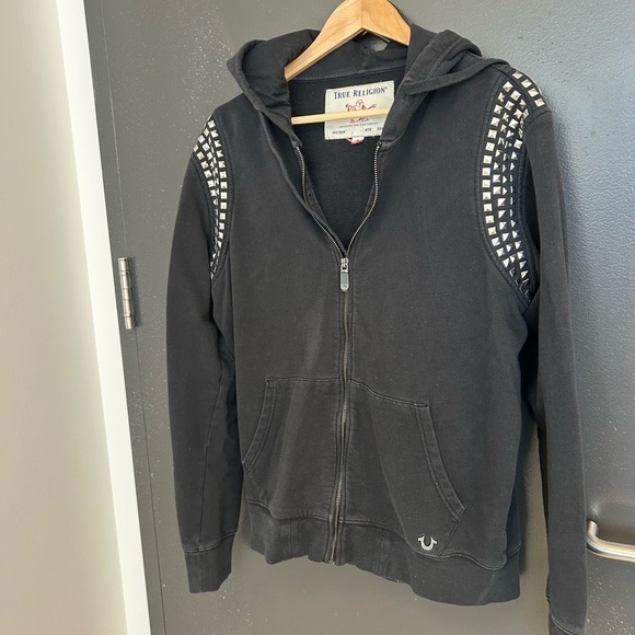 True Religion L unisex Black Studded Hoodie vintage Y2K faded and worn Y2K - Picture 10 of 14